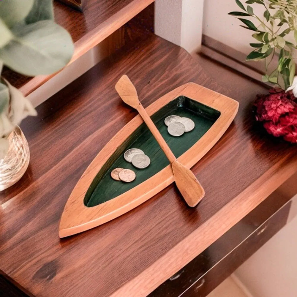 Hand-Carved Green Cedarwood Boat Catchall from Costa Rica 'Adventure in the Green River'