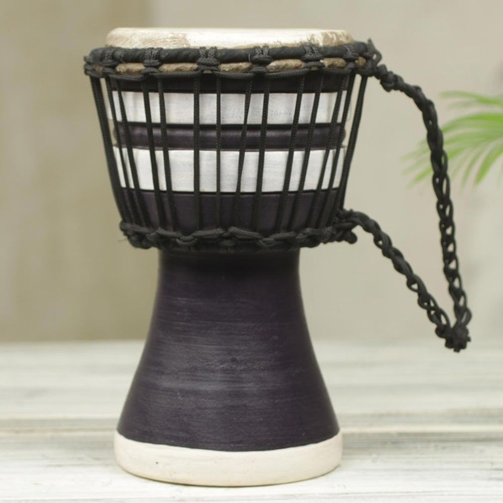 Artisan Crafted West African Decorative Djembe Black Drum 'Black Invitation to Peace'