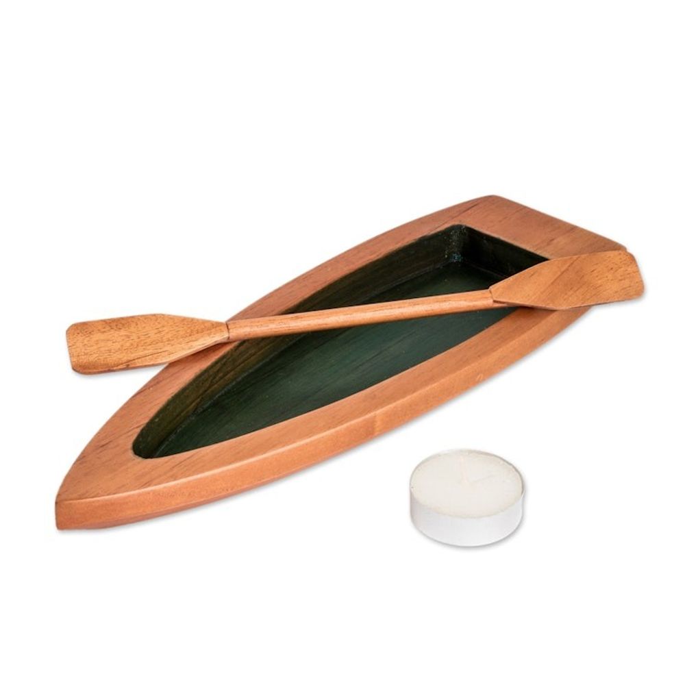 Hand-Carved Green Cedarwood Boat Catchall from Costa Rica 'Adventure in the Green River'