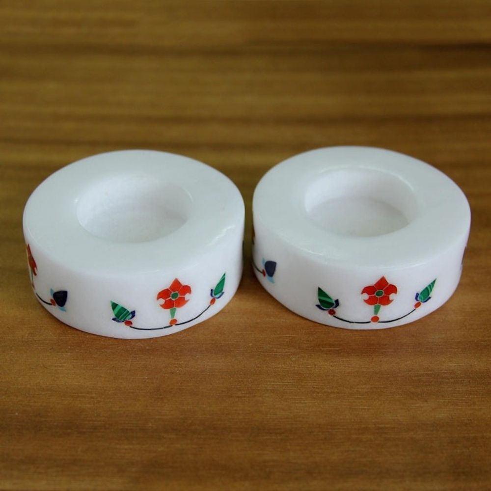 Pair of Marble Tealight Holders Handcrafted in India 'Floral Disc'
