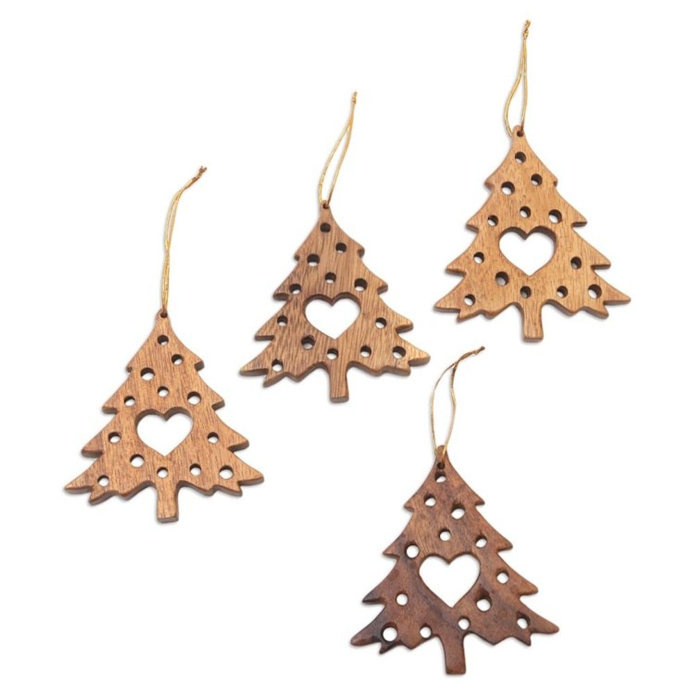 Suar Wood Christmas Ornaments With Hearts Bali Set of 4 'Tree of Love'