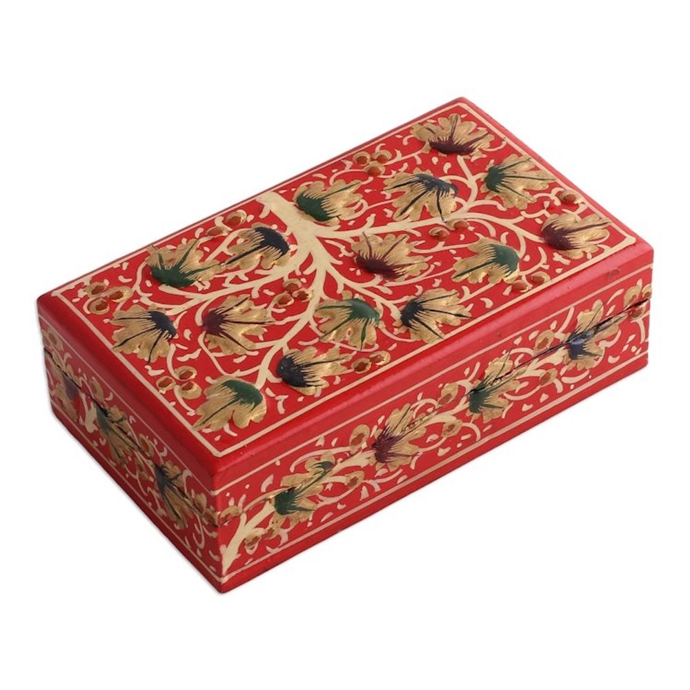 Tree-Themed Red and Golden Papier Mache Decorative Box 'Red Nature'
