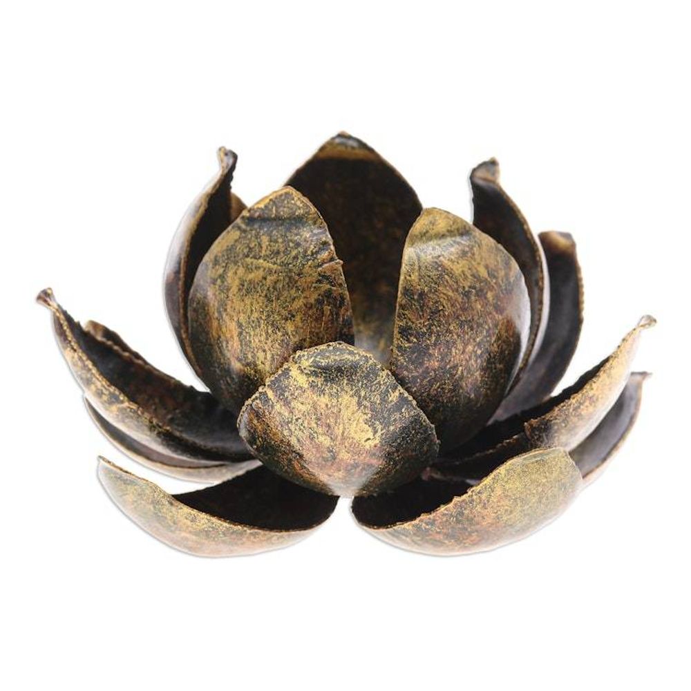 Handmade Antique Finished Steel Lotus Flower Tealight Holder 'Precious Lotus in Gold'