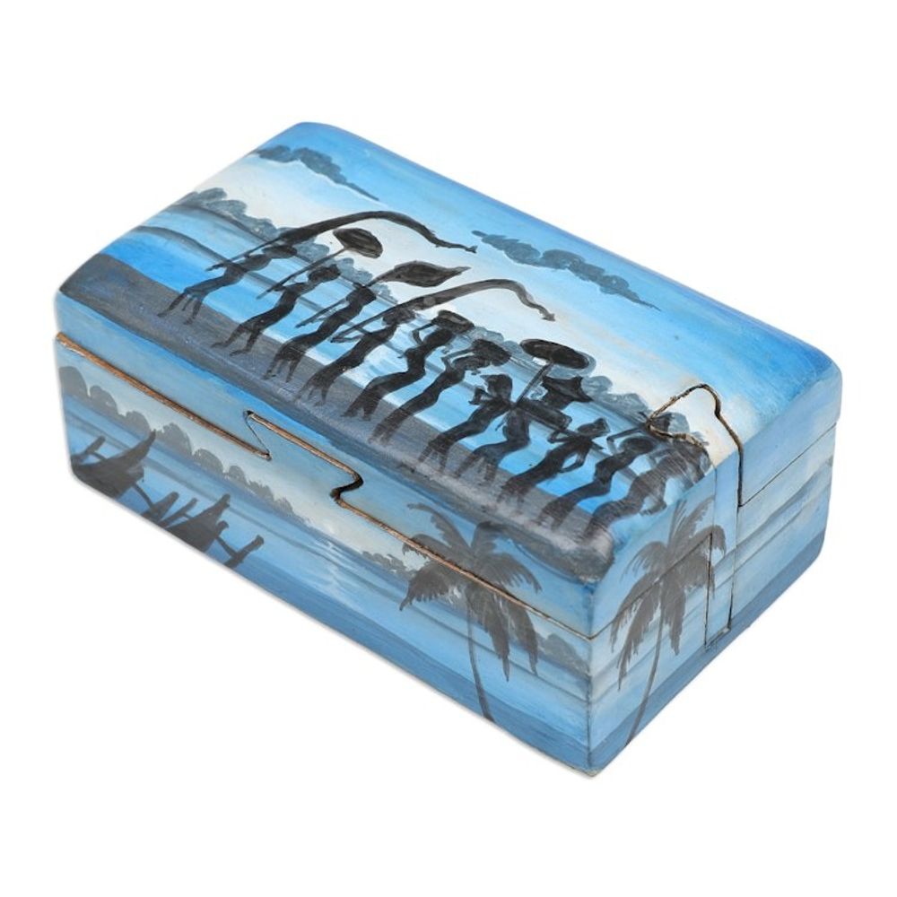 Painted Melasti-Inspired Suar Wood Decorative Box in Blue 'Melasti Morning'