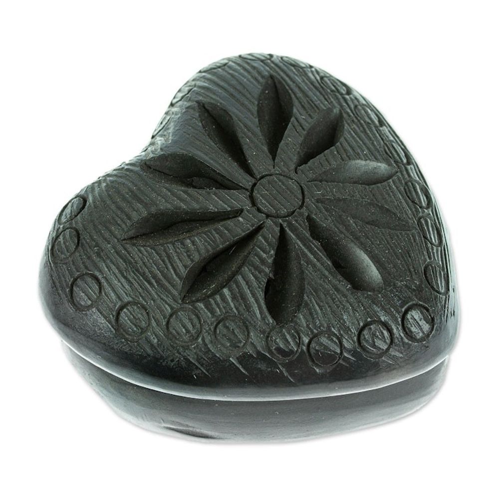 Barro Negro Black Ceramic Mini Jewelry Box Crafted in Mexico 'Heart Flower'