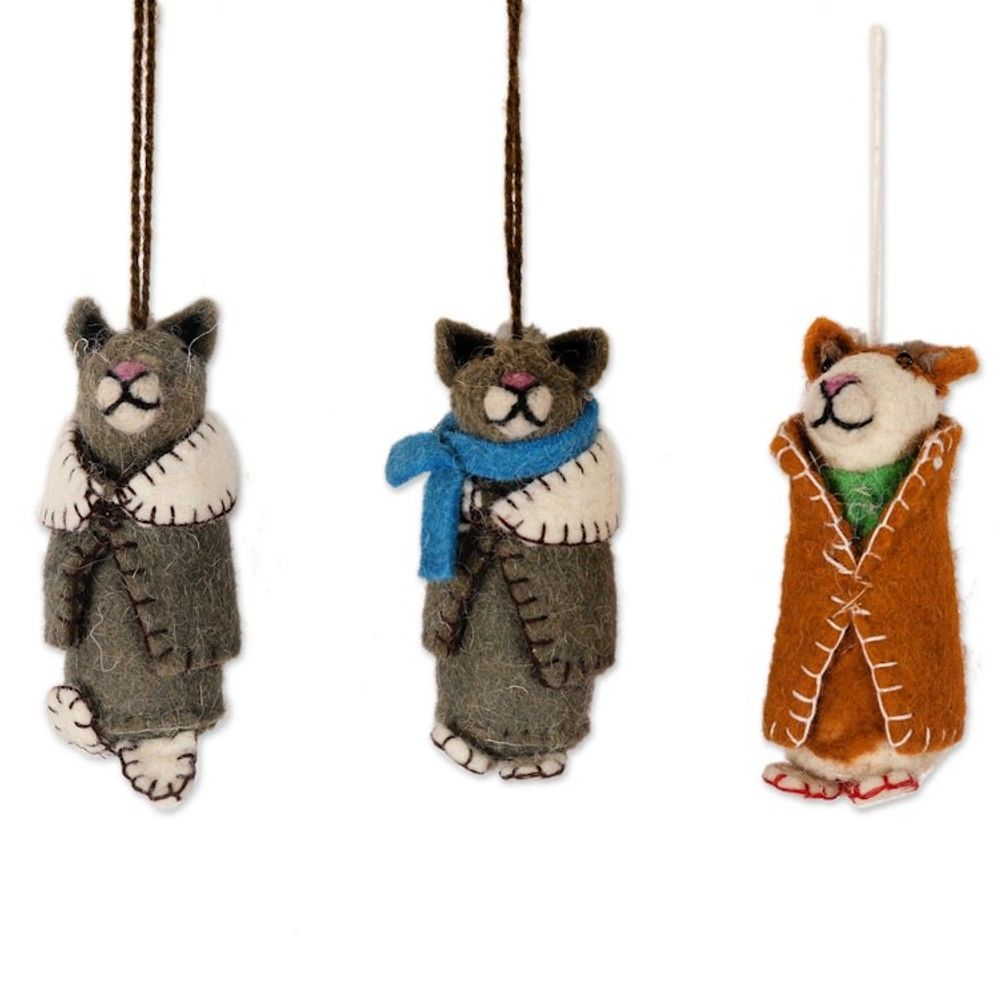 Embroidered Wool Cat Ornaments from India Set of 6 'Cozy Animals'