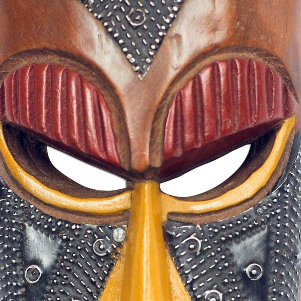 Heart-Pattern African Wood and Aluminum Mask from Ghana 'Ghanaian Love'