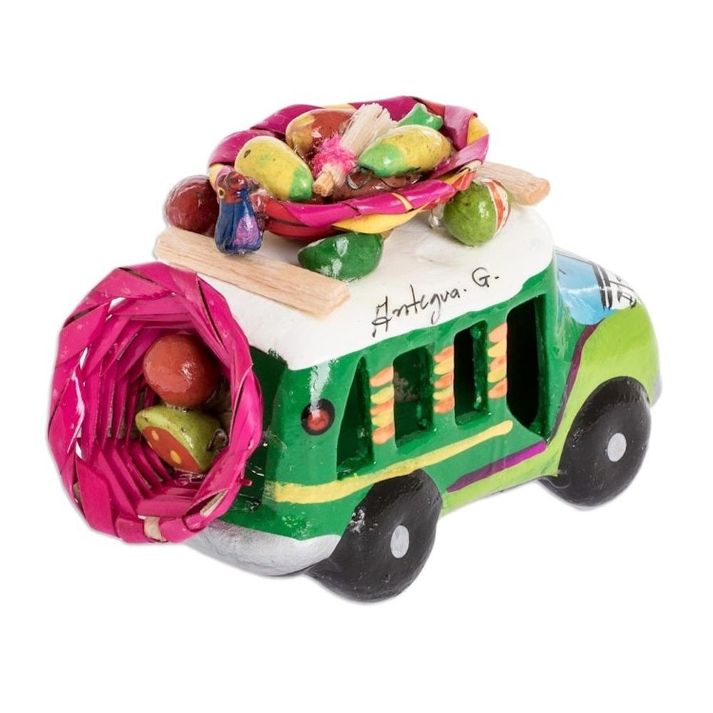 Two Tone Green Ceramic Bus Figurine from Guatemala 'Green Old Time Bus'