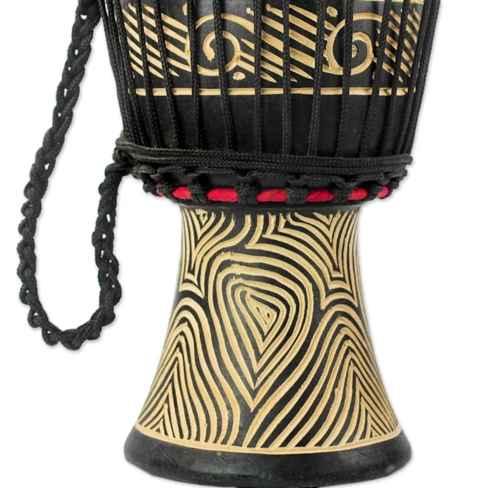 Wood Mini Djembe Drum with Line Motifs from Ghana 'Contours of Music'