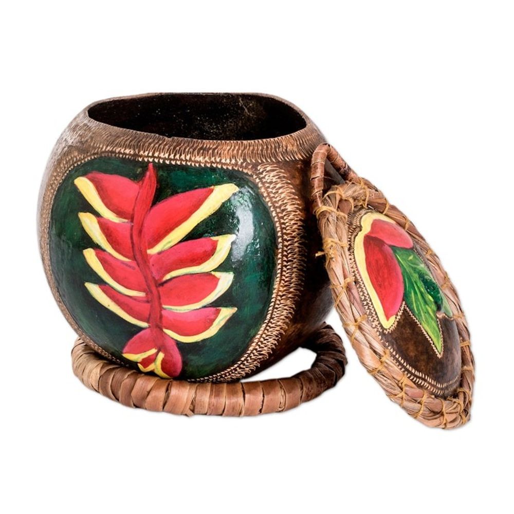Hand-Painted Red Heliconia Dried Gourd Decorative Accent 'Red Heliconias'