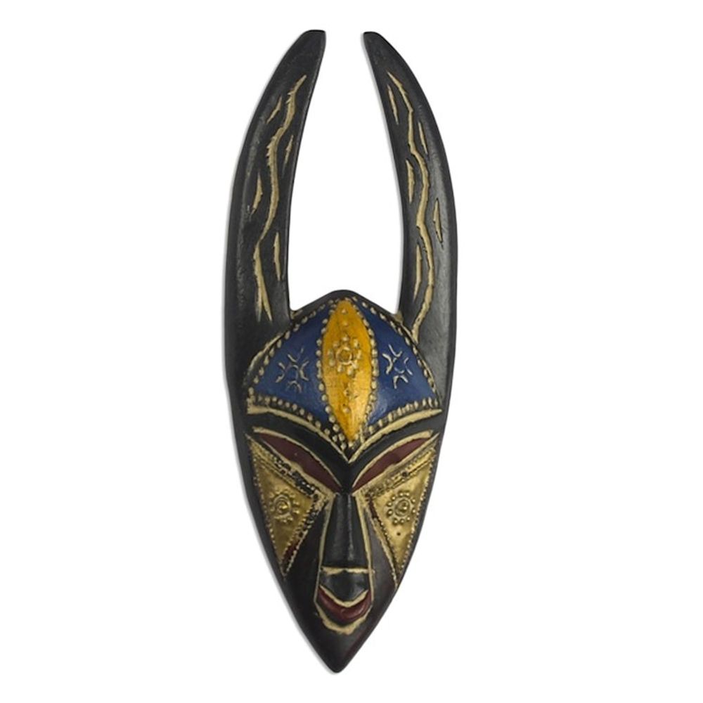 Embossed Brass and Wood African Mask 'Sanufu Horns'