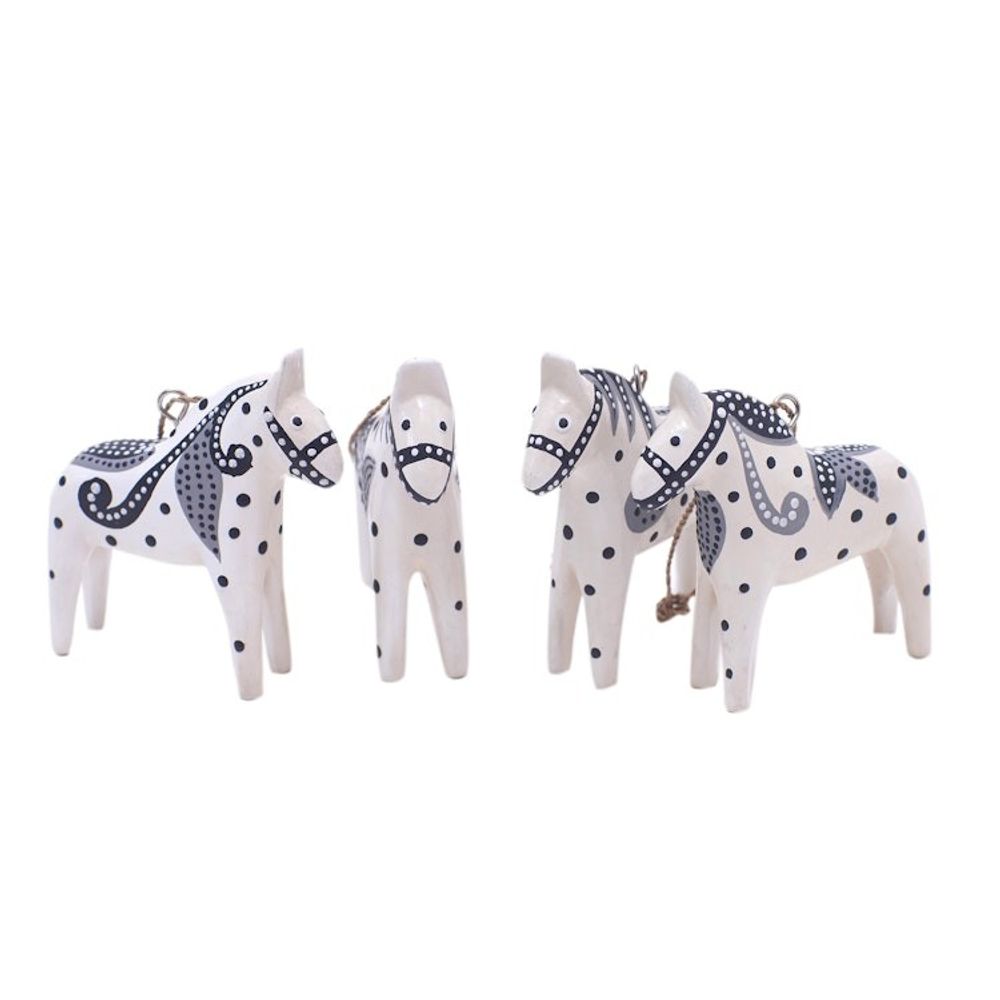 4 Wood White Dala Horse Ornaments Carved Painted by Hand 'Dala Courage'