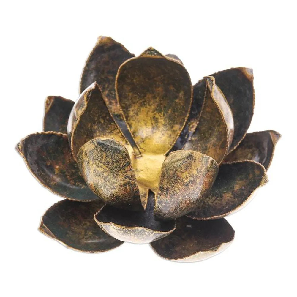 Handmade Antique Finished Steel Lotus Flower Tealight Holder 'Precious Lotus in Gold'