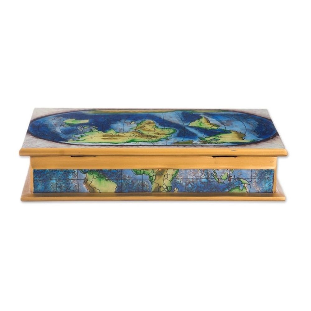 Map of the World Reverse-Painted Glass Wood Decorative Box 'World View'
