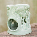 Green Ceramic Clay Oil Warmer Handcrafted Thailand Elephants 'Lush Thai Forest'
