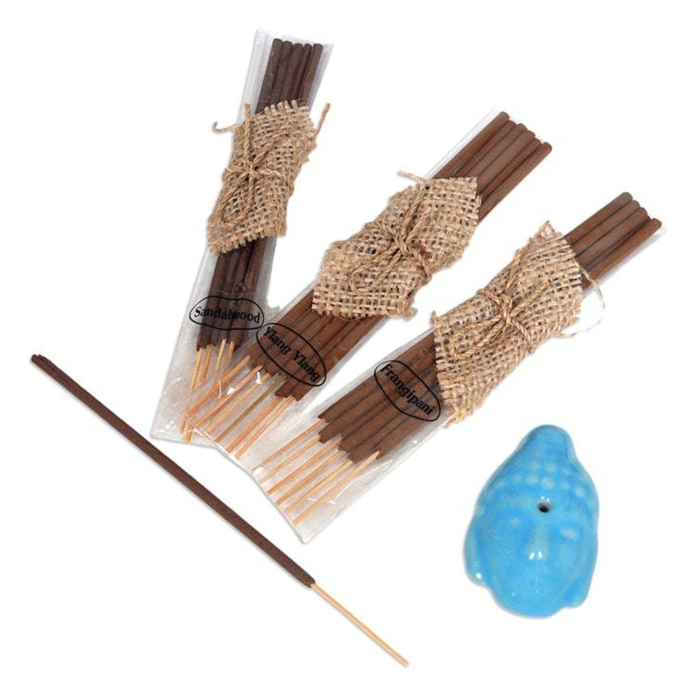Buddha-Themed Blue Ceramic Incense Set with 18 Sticks 'Blue Vesak Celebration'