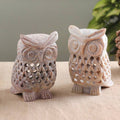 Owl-Themed Openwork Jali Soapstone Tealight Holders Pair 'Owl Glory'