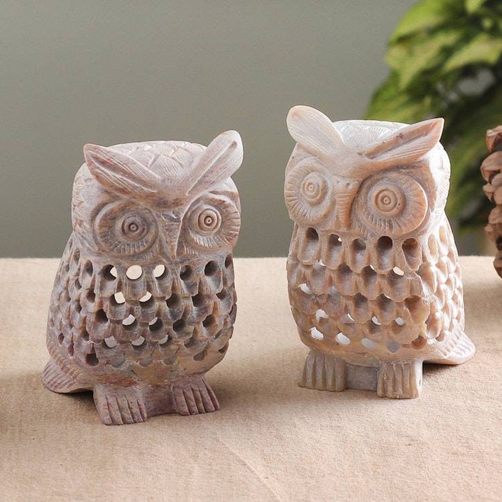 Owl-Themed Openwork Jali Soapstone Tealight Holders Pair 'Owl Glory'