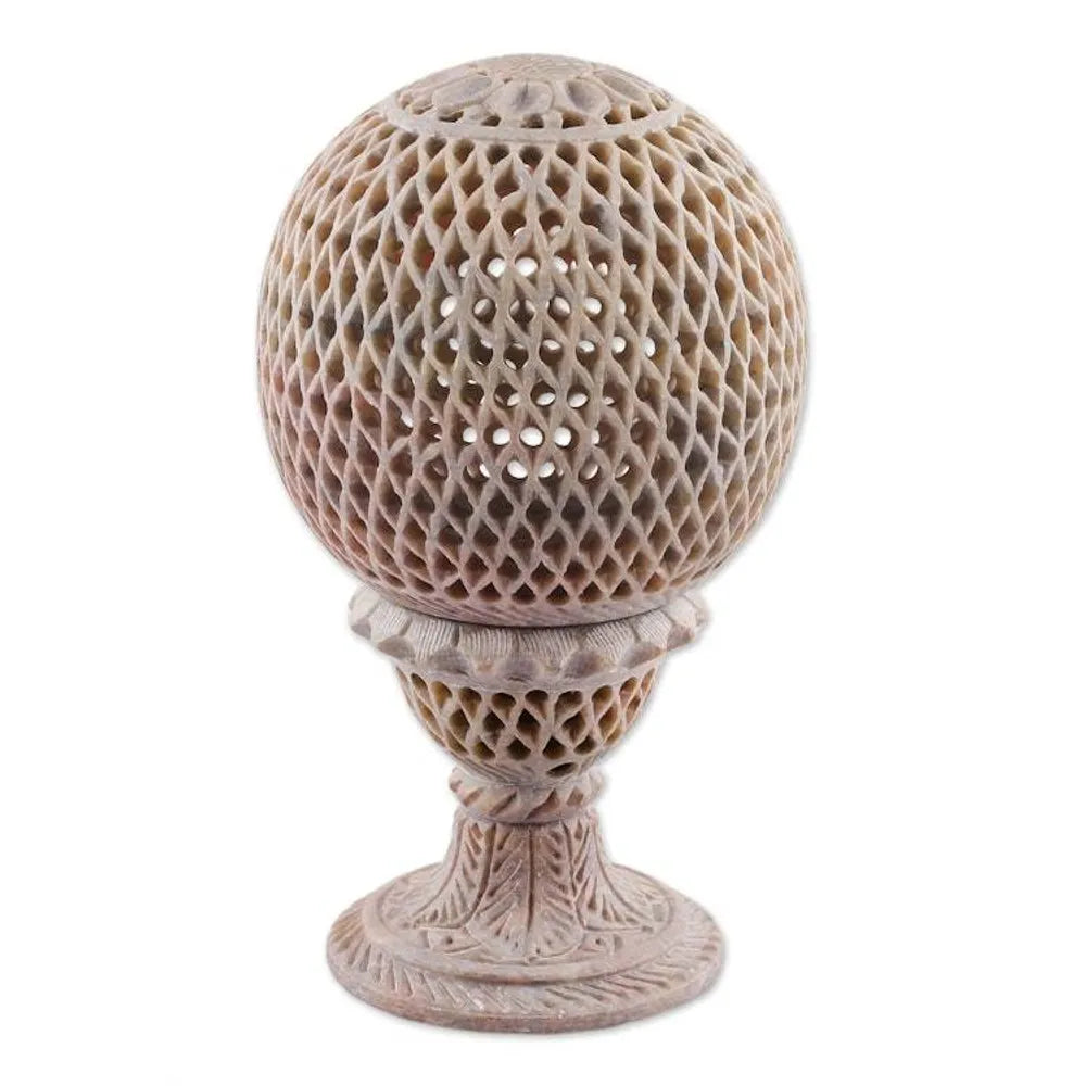 Globe-Shaped Openwork Hand-Carved Soapstone Tealight Holder 'Reflection from the Past'