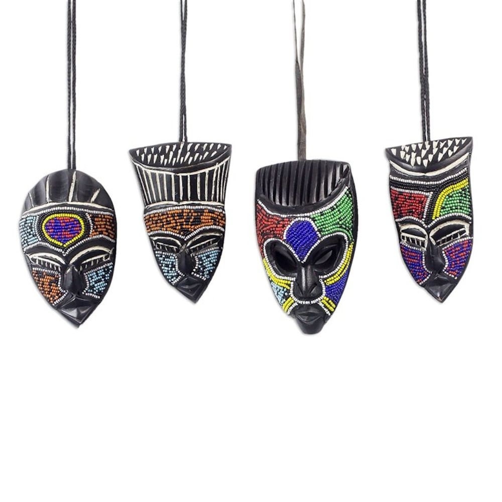 Hand Crafted Beaded Wood Small African Masks Set of 3 'Melowo'