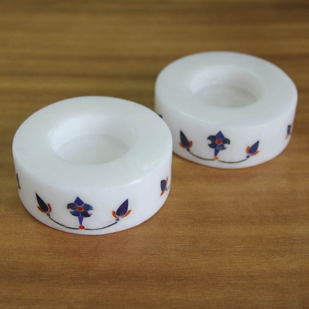 Round Marble Tealight Holder with Blue Blooming Buds Pair 'Floral Symmetry in Blue'