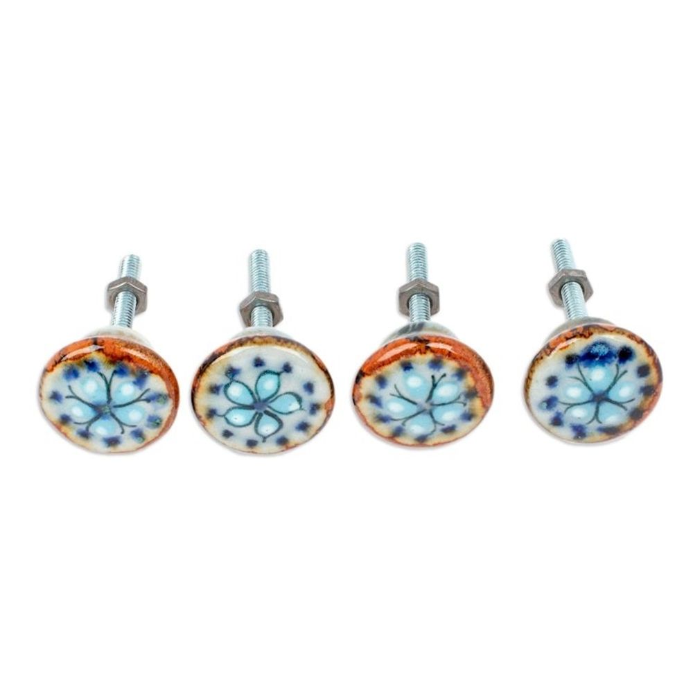 Set of 4 Handcrafted Ceramic Floral Knobs from Mexico 'Floral Convenience'