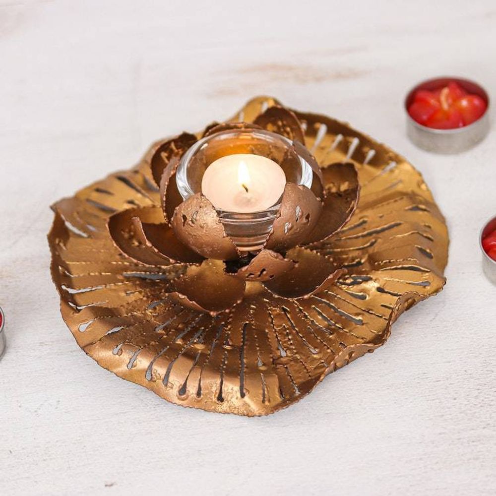 Golden-Toned Lotus-Themed Iron Tealight Candleholder 'Heaven's Lotus'