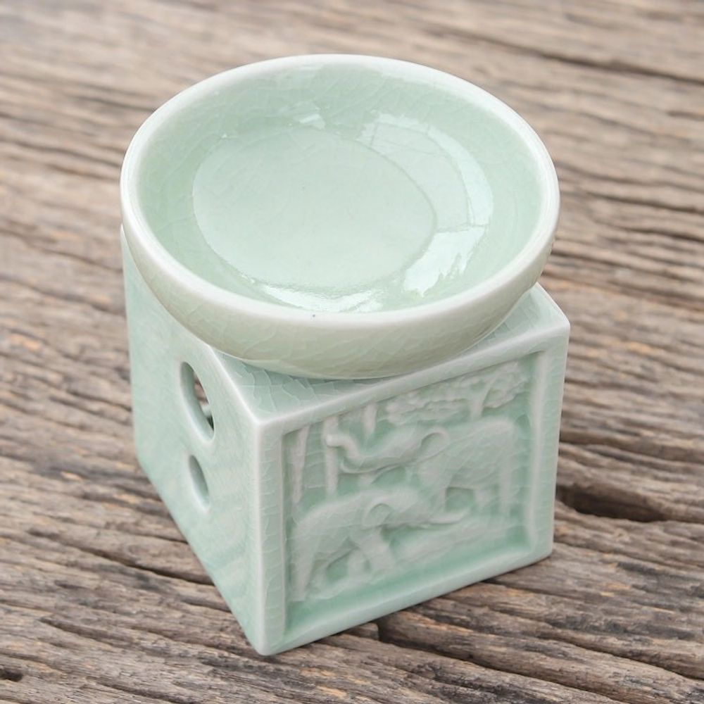 Elephant-Themed Celadon Ceramic Oil Warmer from Thailand 'Elephant Jungle'