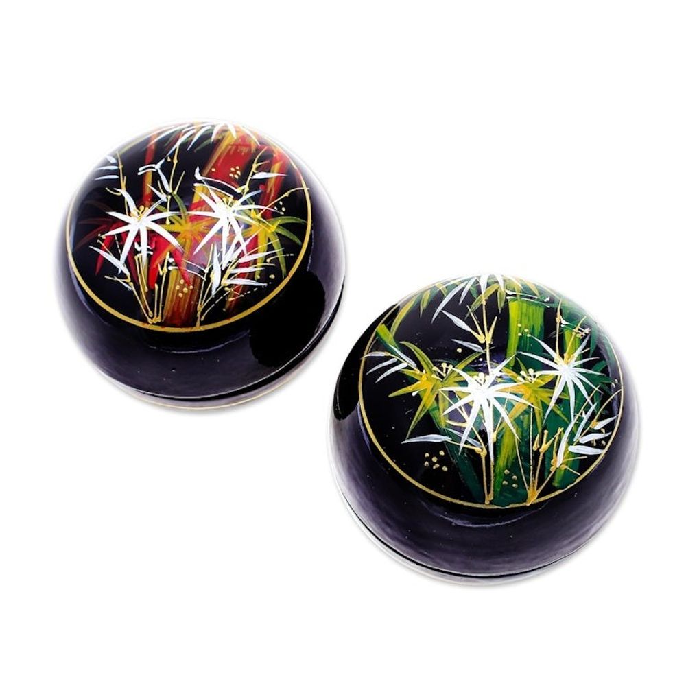 Round Lacquerware Wood Boxes Pair 'Bamboo Flair'