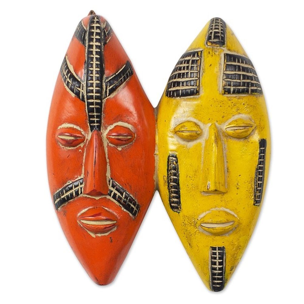 Yellow and Orange Sese Wood Mask 'Colorful Couple'