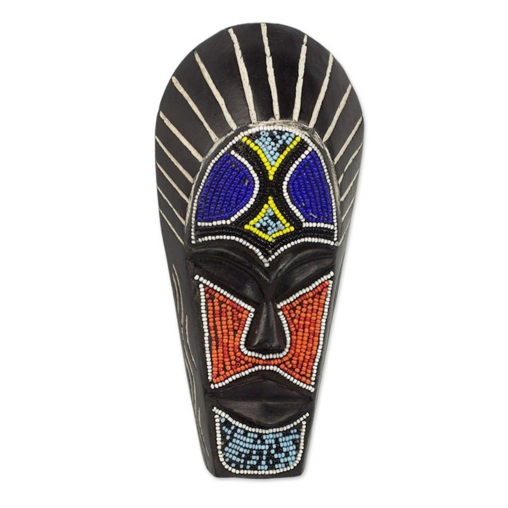 Black African Mask Wood Recycled Glass Beads from Ghana 'Wangari Warrior'
