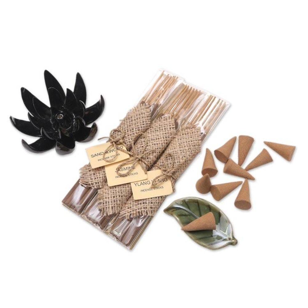 Boxed Aromatherapy Incense and Holder Set 'Blooming Lotus in Black'