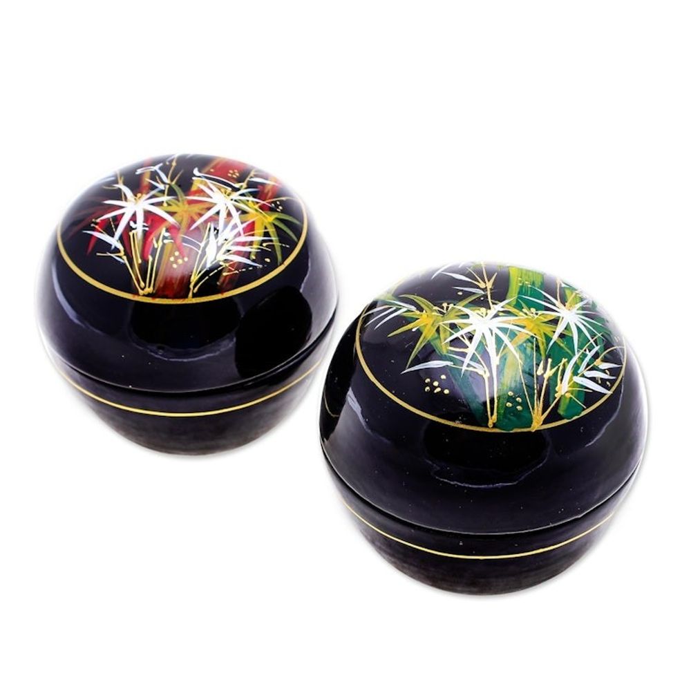 Round Lacquerware Wood Boxes Pair 'Bamboo Flair'