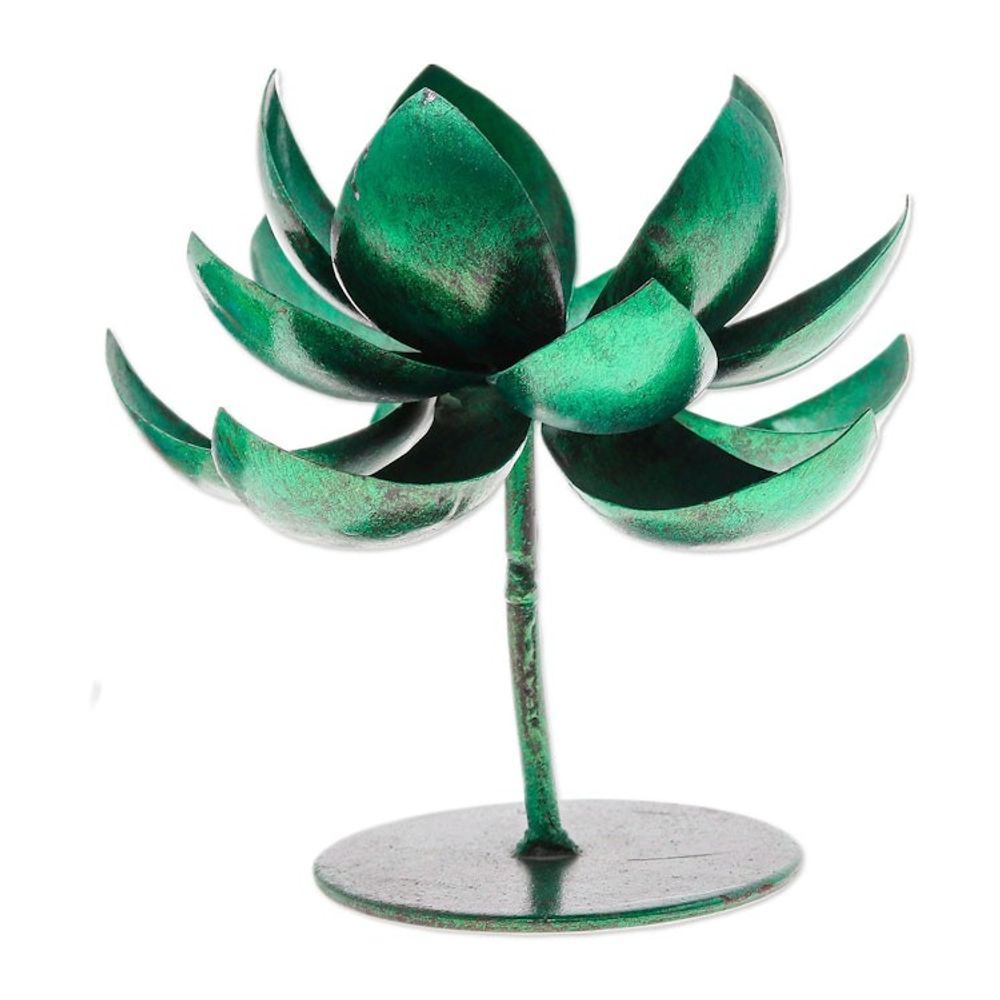 Handmade Lotus-Shaped Metallic Green Steel Tealight Holder 'Lotus Benison in Green'