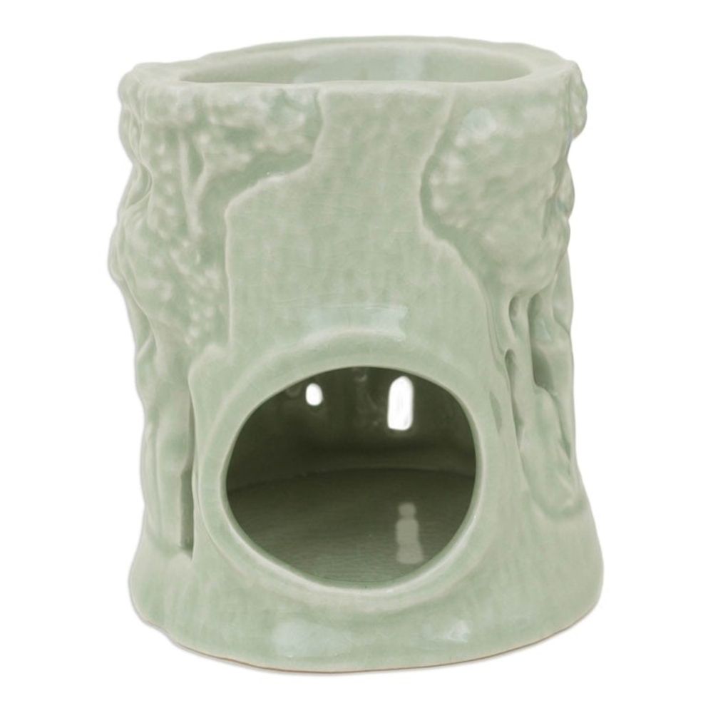 Green Ceramic Clay Oil Warmer Handcrafted Thailand Elephants 'Lush Thai Forest'