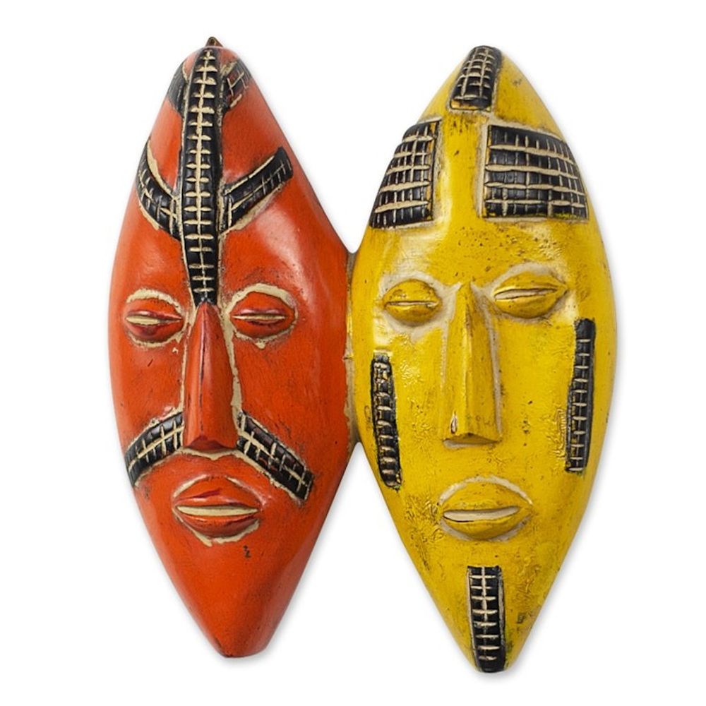 Yellow and Orange Sese Wood Mask 'Colorful Couple'