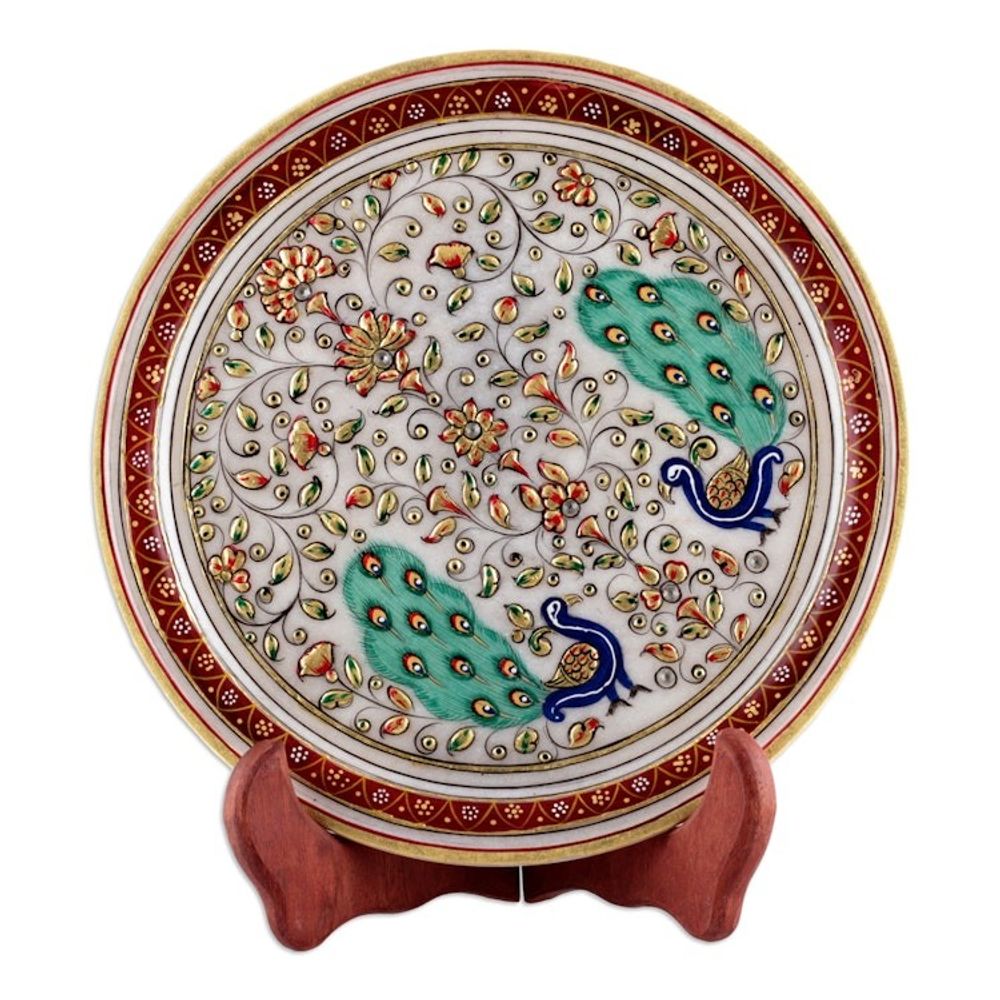 Floral Marble Decorative Plate with Hand-Painted Peacocks 'Peacock Creation'