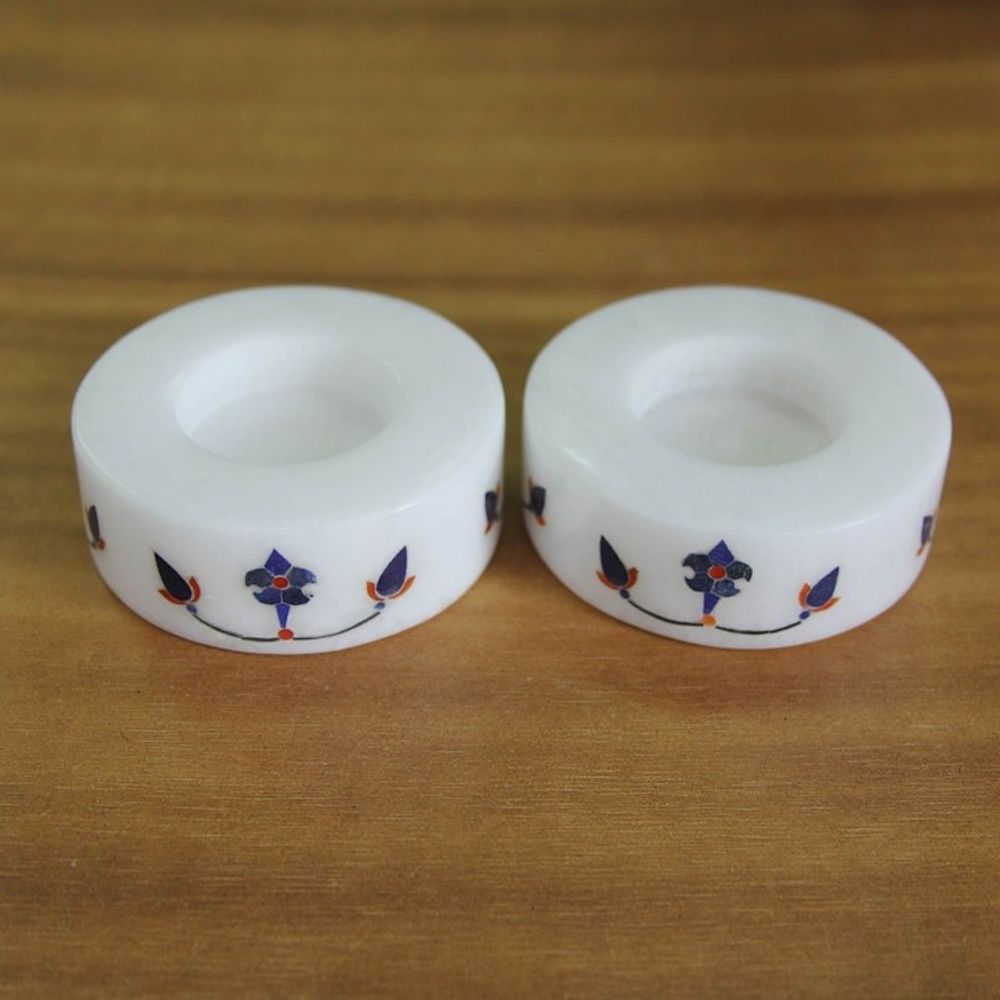 Round Marble Tealight Holder with Blue Blooming Buds Pair 'Floral Symmetry in Blue'