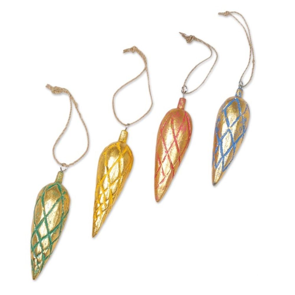 Four Handcrafted Gold Tone Albesia Wood Ornaments from Bali 'Golden Cones'