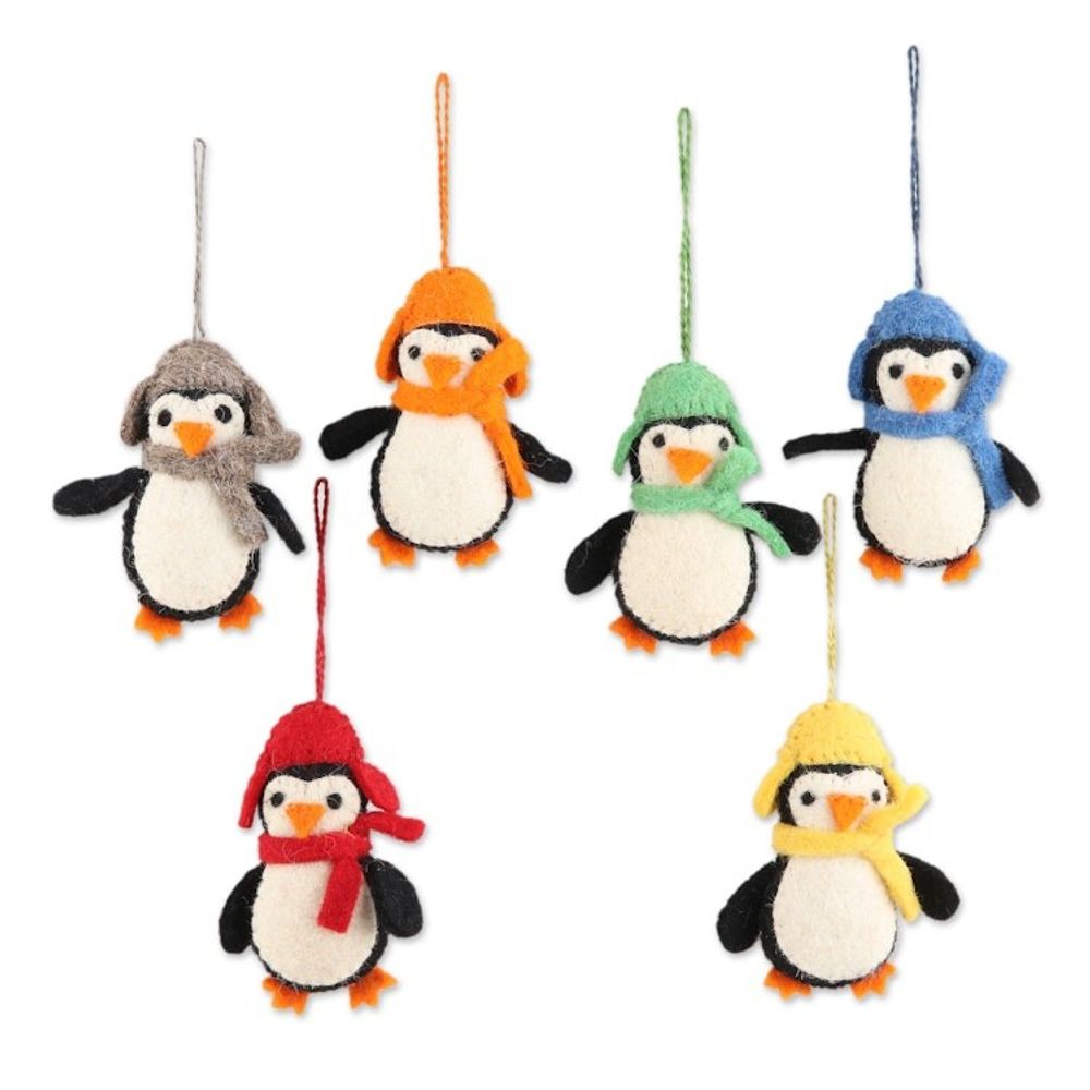 Handmade Felted Wool Penguin ornaments Set of 6 'Cozy Penguins'
