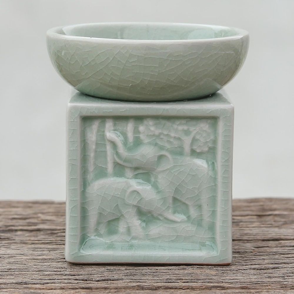 Elephant-Themed Celadon Ceramic Oil Warmer from Thailand 'Elephant Jungle'