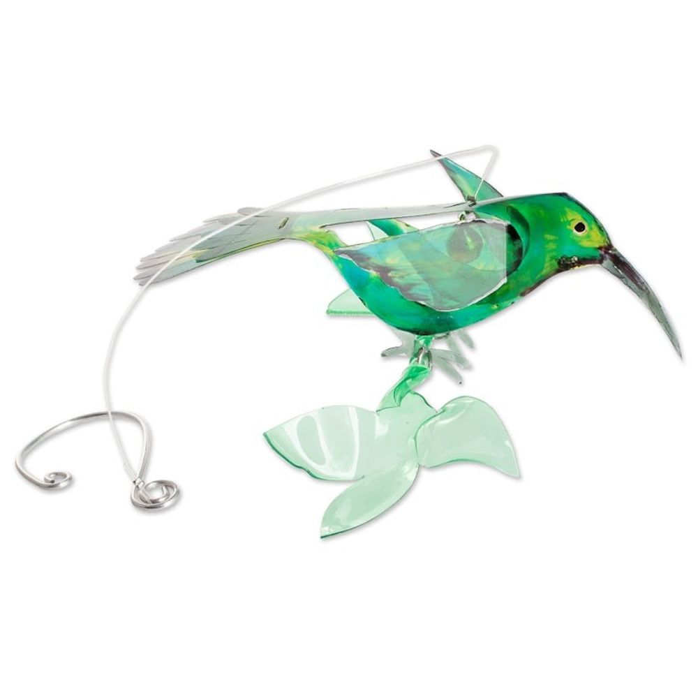 Hand-Painted Recycled Plastic Mobile of a Green Hummingbird 'Magical Fauna'