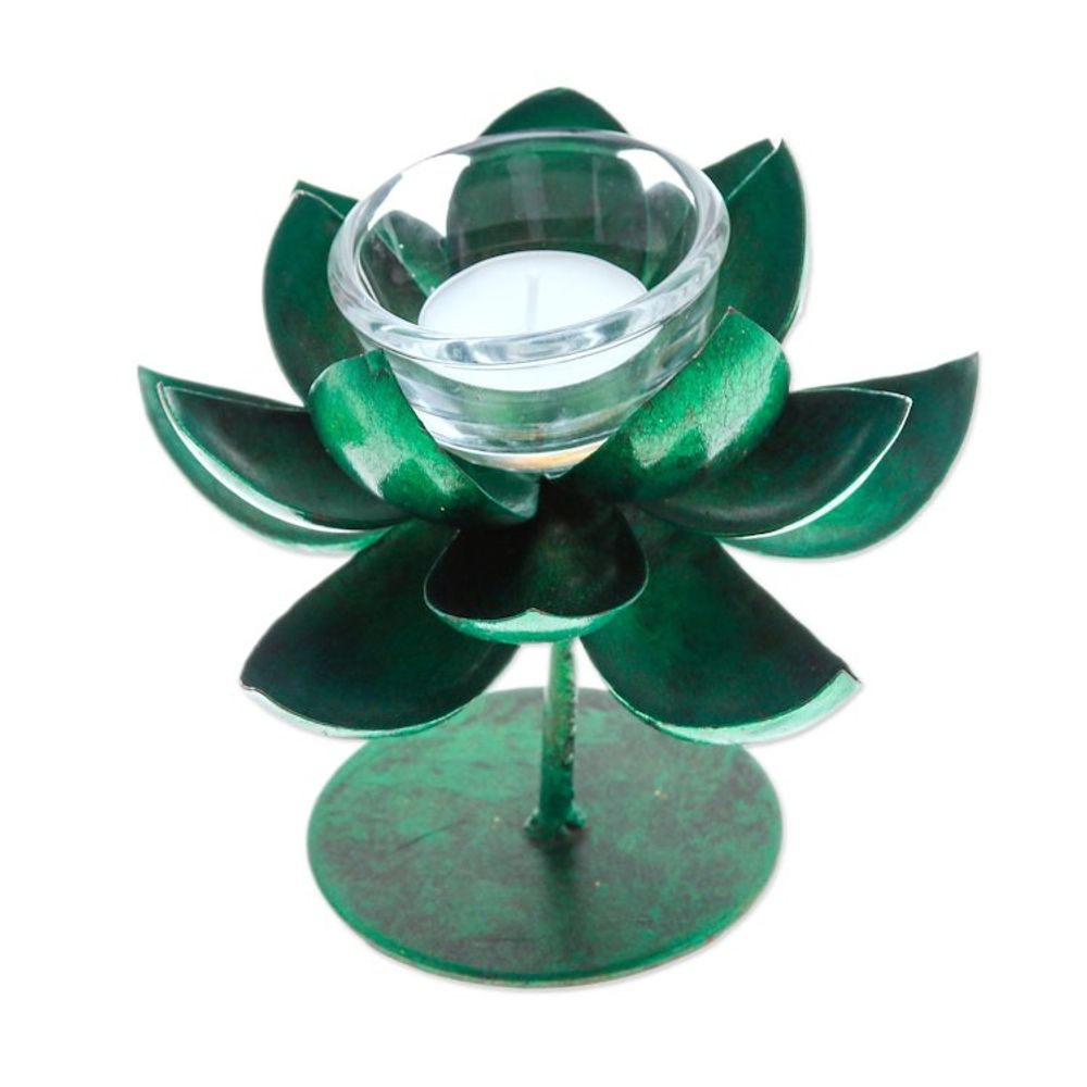 Handmade Lotus-Shaped Metallic Green Steel Tealight Holder 'Lotus Benison in Green'