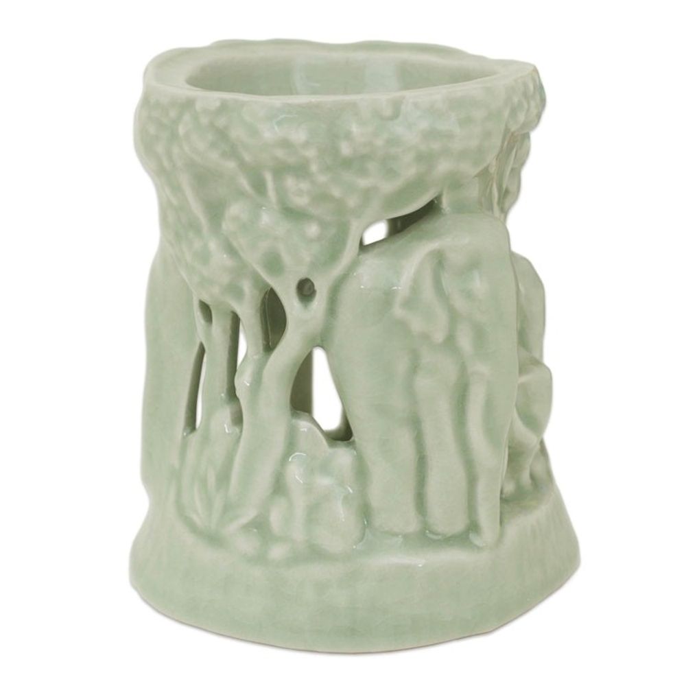 Green Ceramic Clay Oil Warmer Handcrafted Thailand Elephants 'Lush Thai Forest'