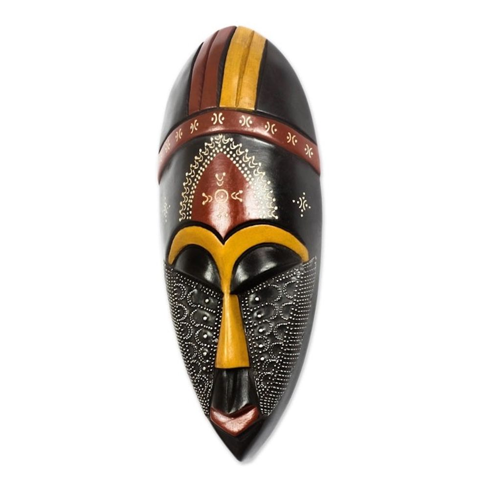 Colorful Aluminum Accented African Wood Mask from Ghana 'Face of Greatness'