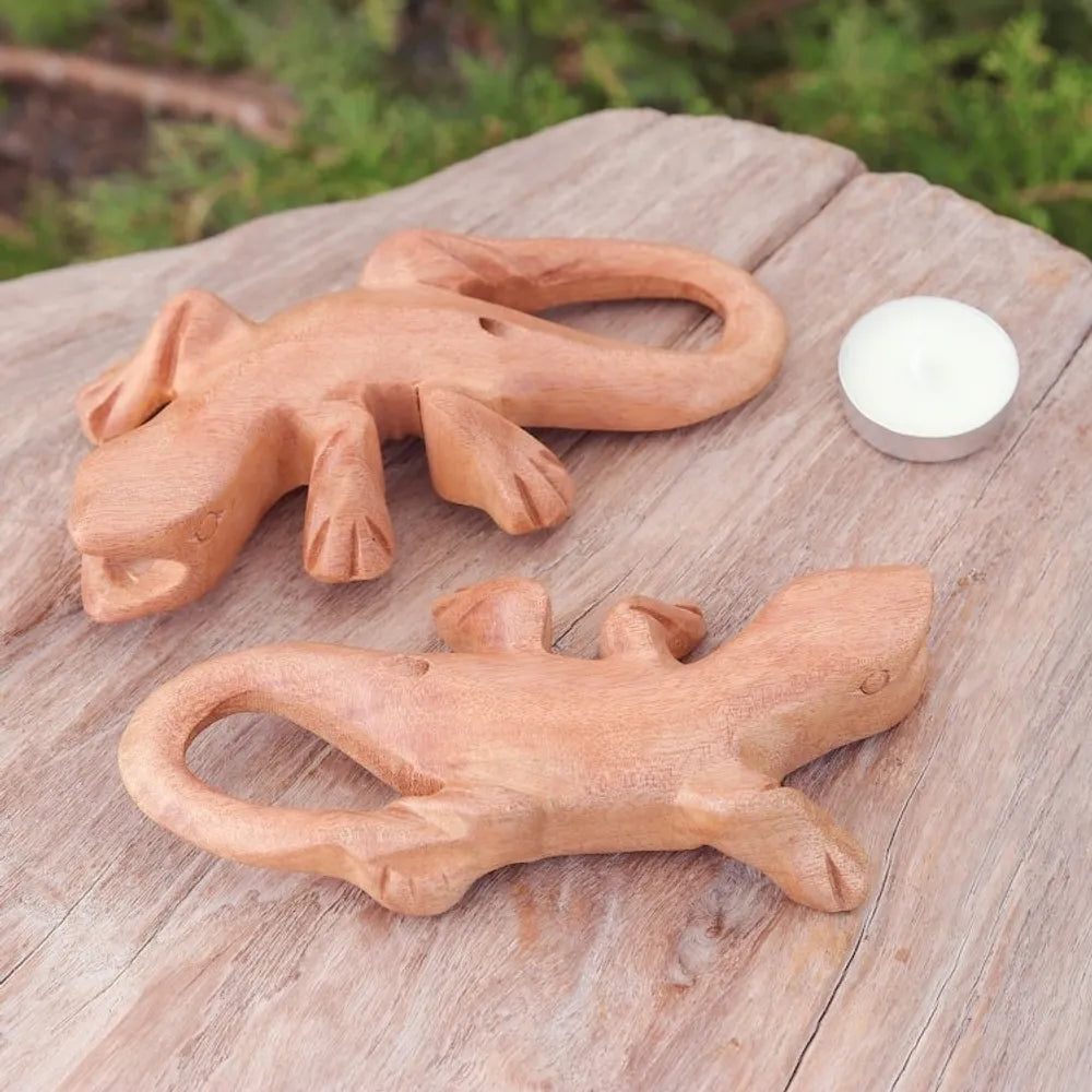 Hand-Carved Raintree Wood Gecko Ocarina Pair from Thailand 'Gecko Song'