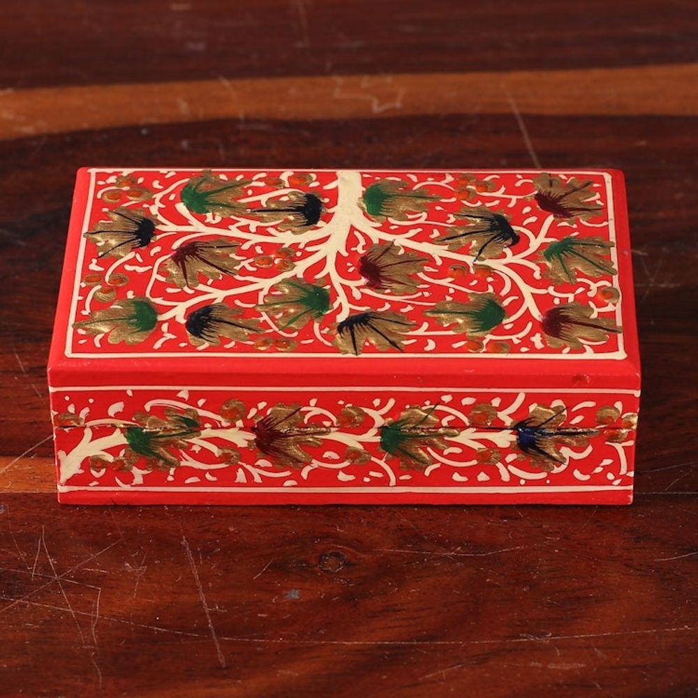 Tree-Themed Red and Golden Papier Mache Decorative Box 'Red Nature'