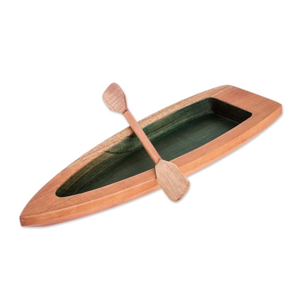 Hand-Carved Green Cedarwood Boat Catchall from Costa Rica 'Adventure in the Green River'