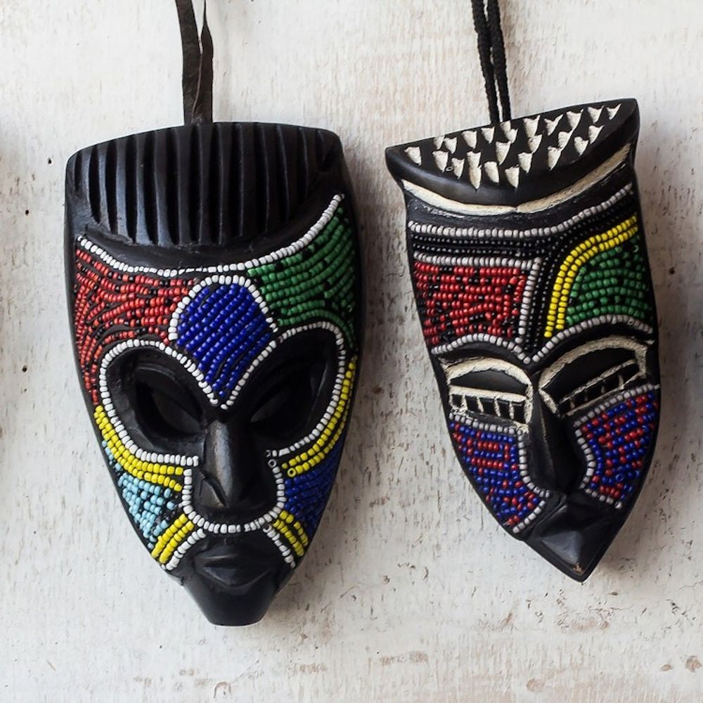 Hand Crafted Beaded Wood Small African Masks Set of 3 'Melowo'