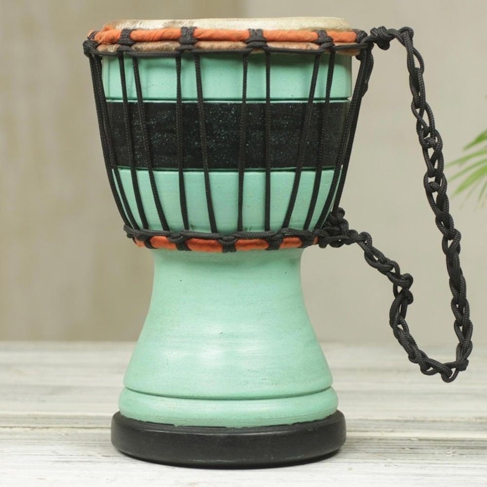 Green Decorative Djembe Drum Artisan Crafted in West Africa 'Green Invitation to Peace'